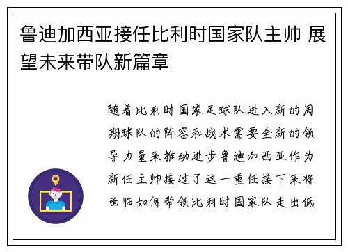 鲁迪加西亚接任比利时国家队主帅 展望未来带队新篇章