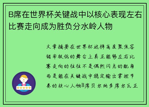 B席在世界杯关键战中以核心表现左右比赛走向成为胜负分水岭人物 B席在世界杯关键战中以核心表现左右比赛走向成为胜负分水岭人物
